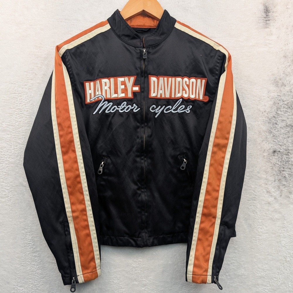 VTG Harley Davidson Jacket Women's M Black Orange Racing Stripe Biker Moto Y2K